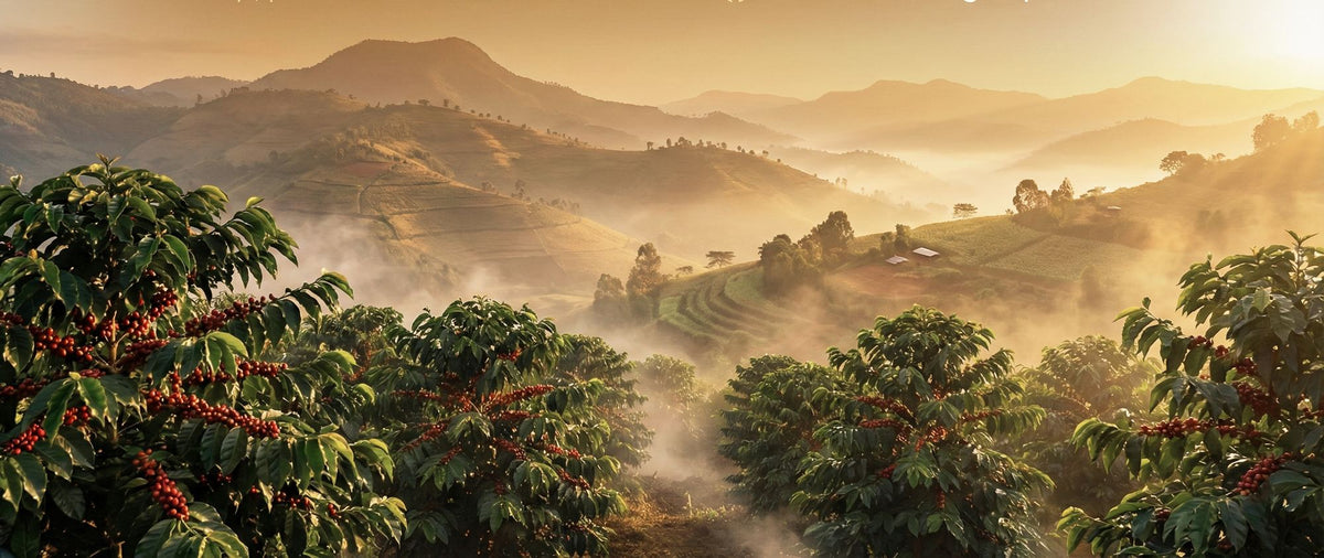 Coffee trees on misty Ethiopian highland terraces at sunrise
