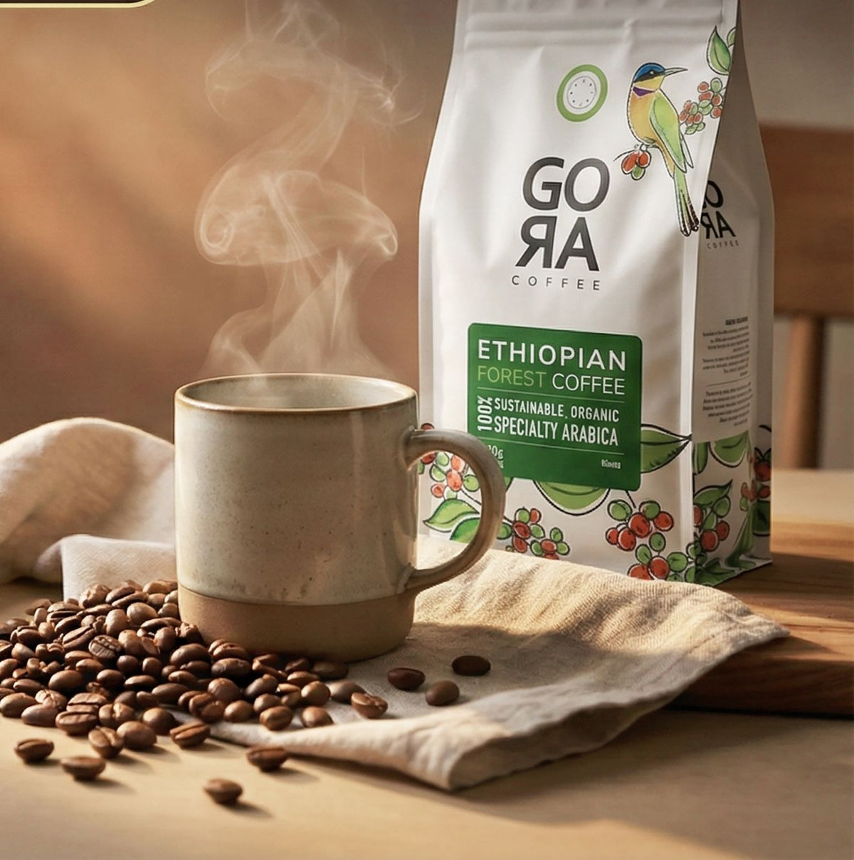 A bag of GORA coffee beside a steaming cup and loose roasted beans
